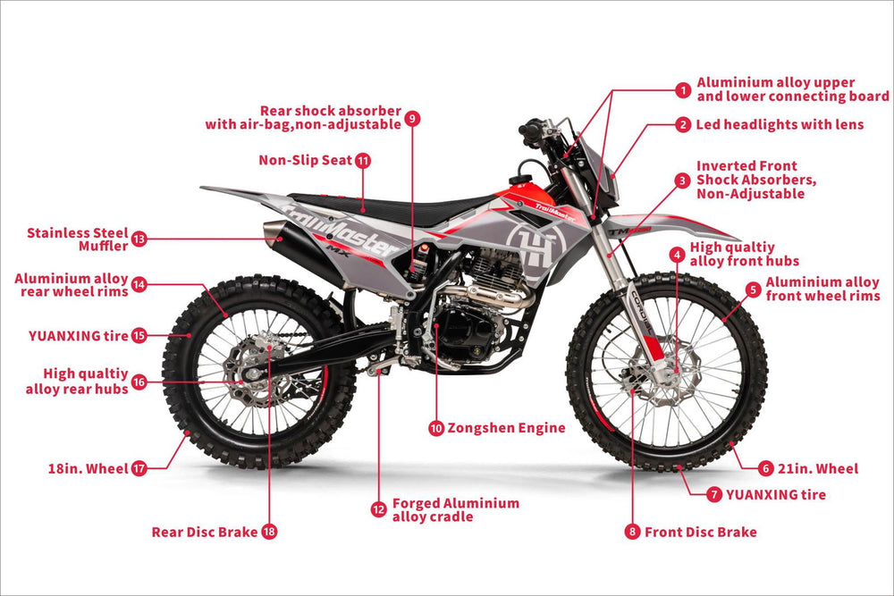 new! TrailMaster MX250 Dirt Bike 5-Speed Manual Dual Disc Brakes, Electric Start (21/18) - GoKarts USA®