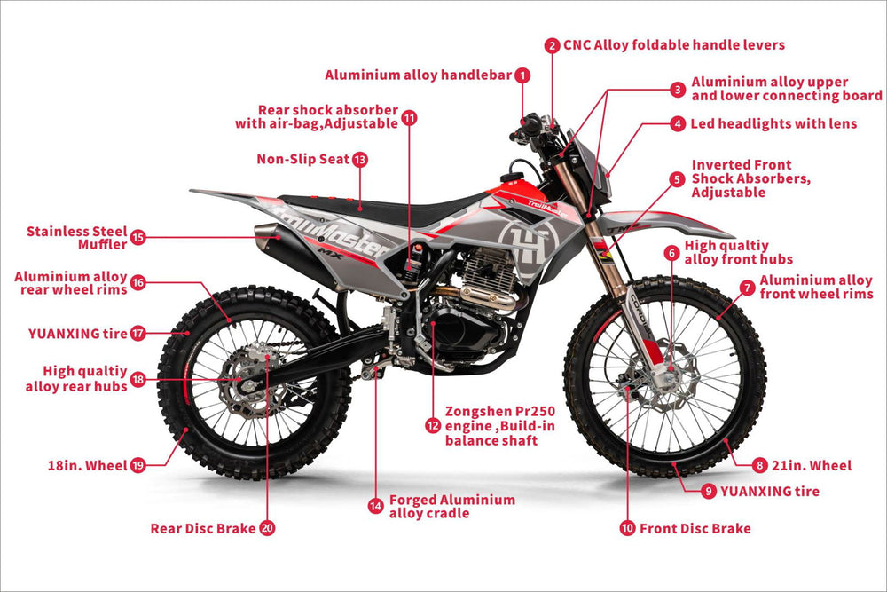 new! TrailMaster MX250-Pro Dirt Bike 5-Speed Manual Dual Disc Brakes, Electric Start (21/18) - GoKarts USA®