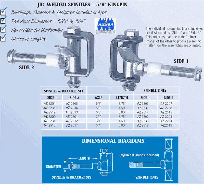 Go Kart Spindles, Bracket Included, 5/8-18 Axle, 5/8 In. Kingpin, Side 1, COMPLETE SELECTION - GoKarts USA®