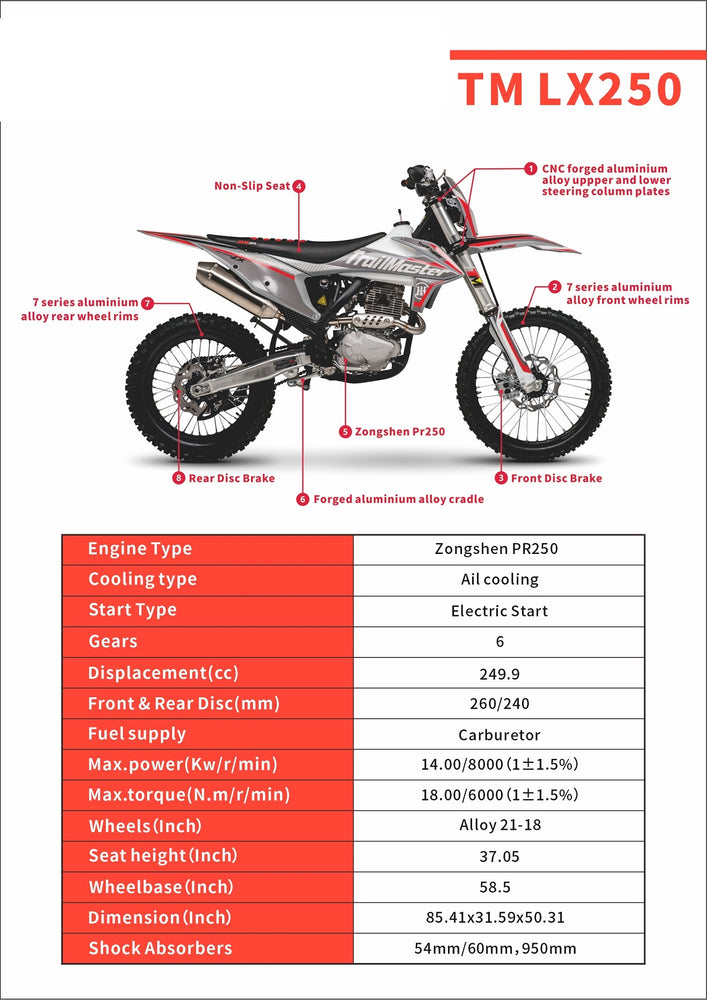 TrailMaster LX250 Dirt Bike, 6-Speed Manual, Dual Disc Brakes, Electric Start with Kick backup, (21/18) Wheels