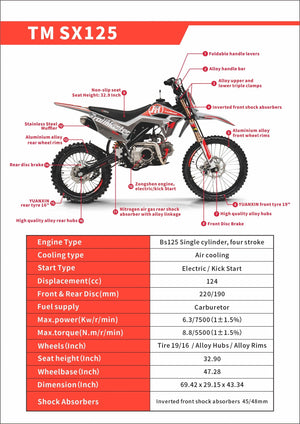 TrailMaster SX125 Pro Series Dirt Bike, Electric Start, 4-Speed Manual, Dual Disc Brakes, (19/16) Wheels