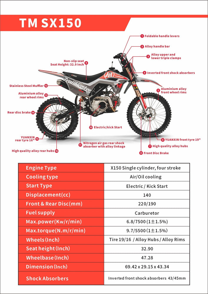 TrailMaster SX150 Pro Series Dirt Bike, Electric Start, 4-Speed Manual, Dual Disc Brakes, (19/16) Wheels