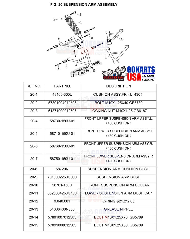 REF 20-7: FRONT LOWER SUSPENSION ARM ASSY, RIGHT for 430 SHOCK, for TrailMaster Challenger 200 UTV Side-by-side (58750-150U-01)