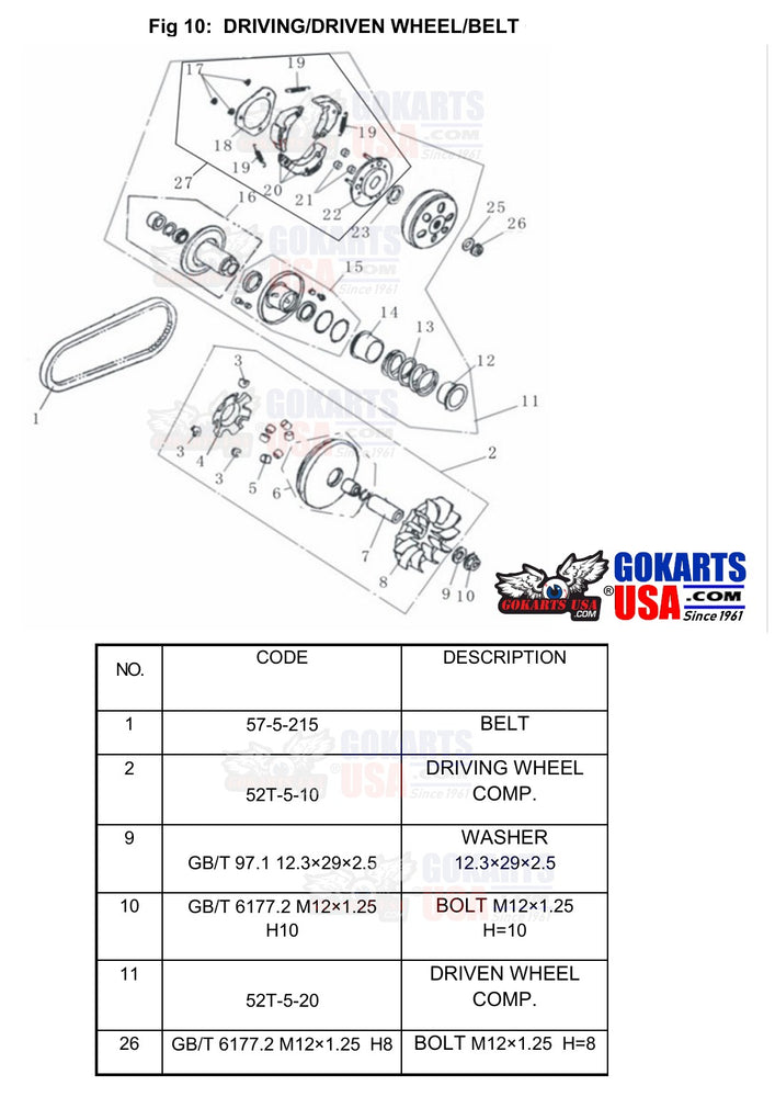REF 10-2: CLUTCH (DRIVING WHEEL) COMP, for TrailMaster Challenger 200 UTV Side-by-side (52T-5-10)