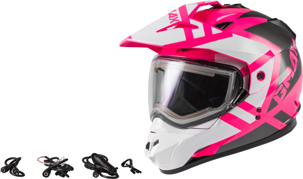 
            
                Load image into Gallery viewer, GM-11S TRAPPER SNOW HELMET W/ ELEC SHIELD PINK/WHITE/GREY SM
            
        