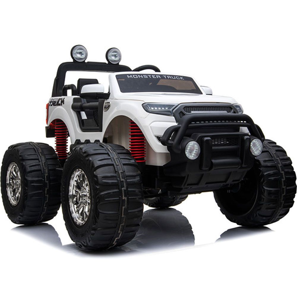 Monster Truck 4x4 Kids Go Kart, 4 Motors, Parental Remote Control 12v, Bluetooth, SD MP3, White