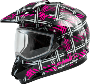 
            
                Load image into Gallery viewer, GM-11S DUAL-SPORT PINK RIBBON RIDERS SNOW HELMET BLK/PINK MD
            
        